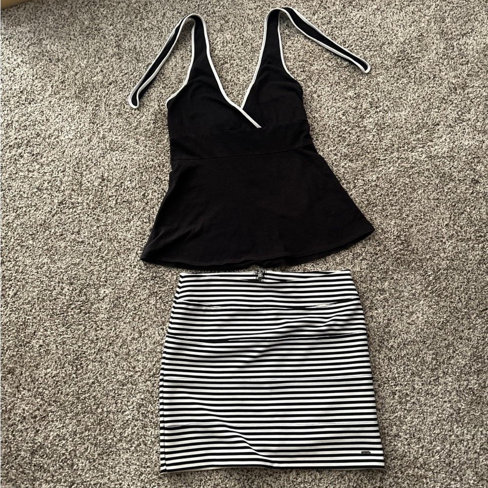 Moda International Black Top and Striped VS pink Skirt S-M both like new